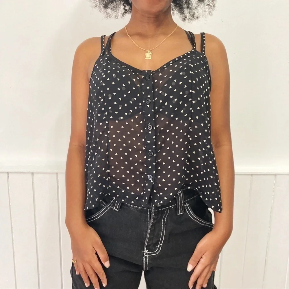 𝅺Brandy Melville Crossed Back Hearts Print Sheer Cami Tank Size M - Picture 6 of 12